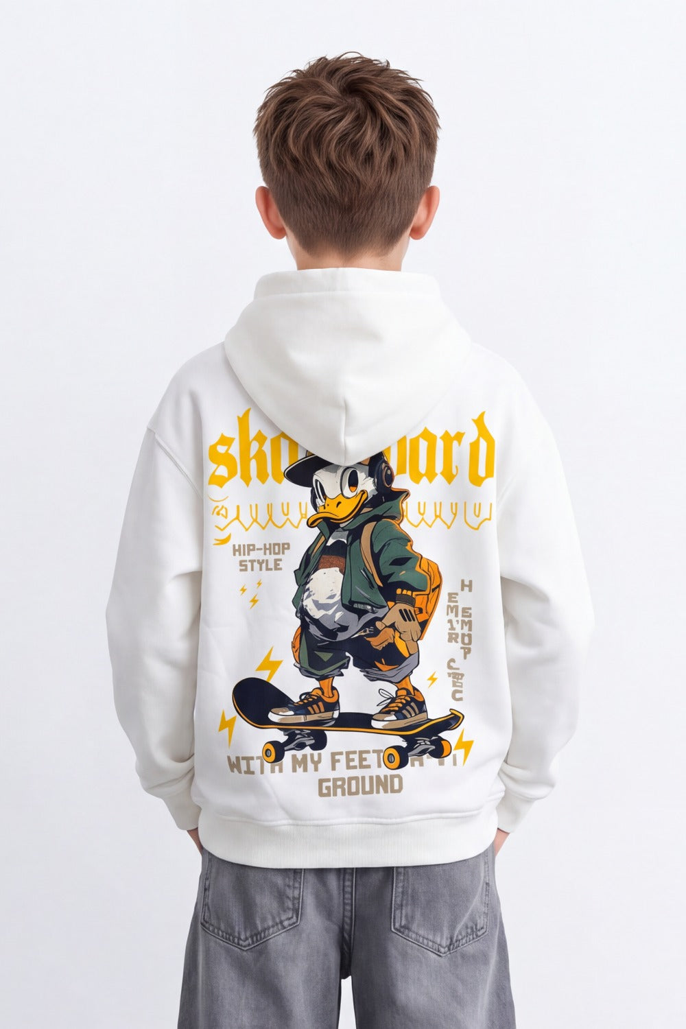Boy's Tomato Store Sweatshirt Hooded Design Skate Duck Back Graphic Melton Over Size