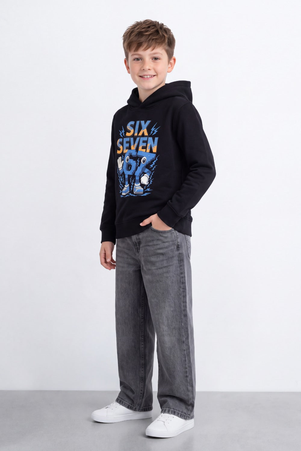 Boy's Tomato Store Sweatshirt Slim Fit Melton Hooded Design Six Seven Robot Front Graphic