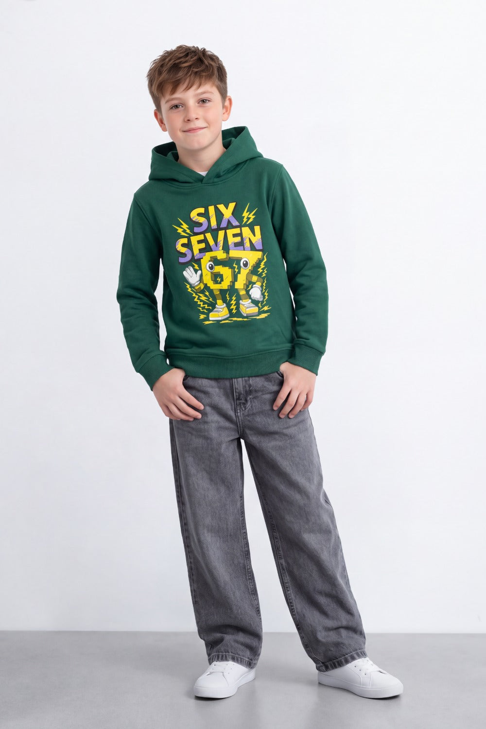 Boy's Tomato Store Sweatshirt Slim Fit Melton Hooded Design Six Seven Robot Front Graphic