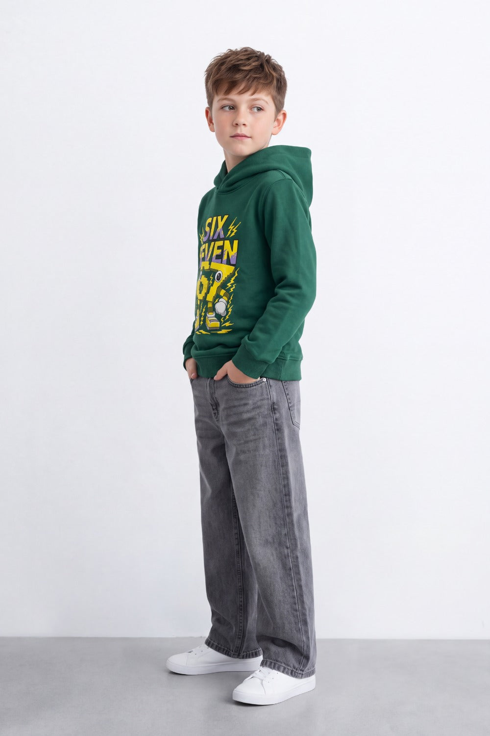 Boy's Tomato Store Sweatshirt Slim Fit Melton Hooded Design Six Seven Robot Front Graphic