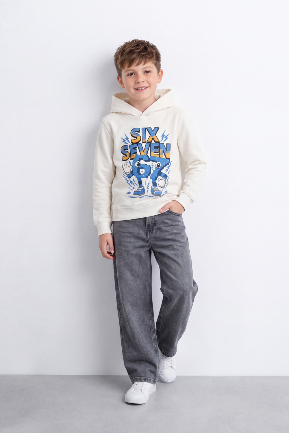 Boy's Tomato Store Sweatshirt Slim Fit Melton Hooded Design Six Seven Robot Front Graphic
