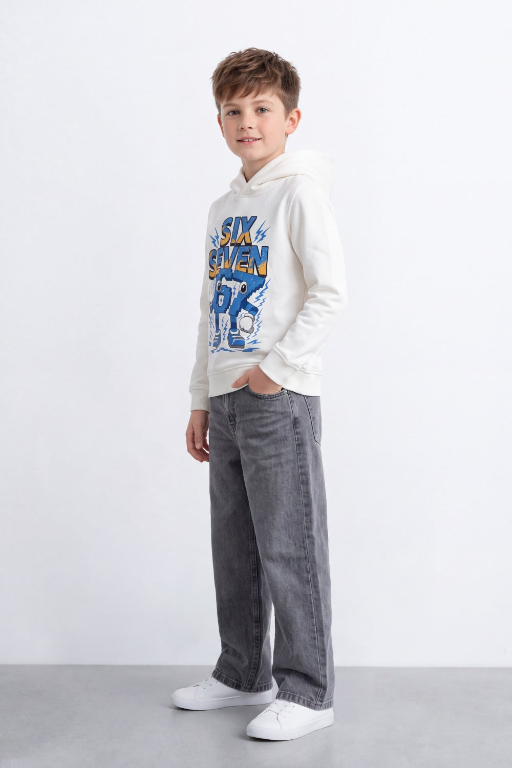 Boy's Tomato Store Sweatshirt Slim Fit Melton Hooded Design Six Seven Robot Front Graphic