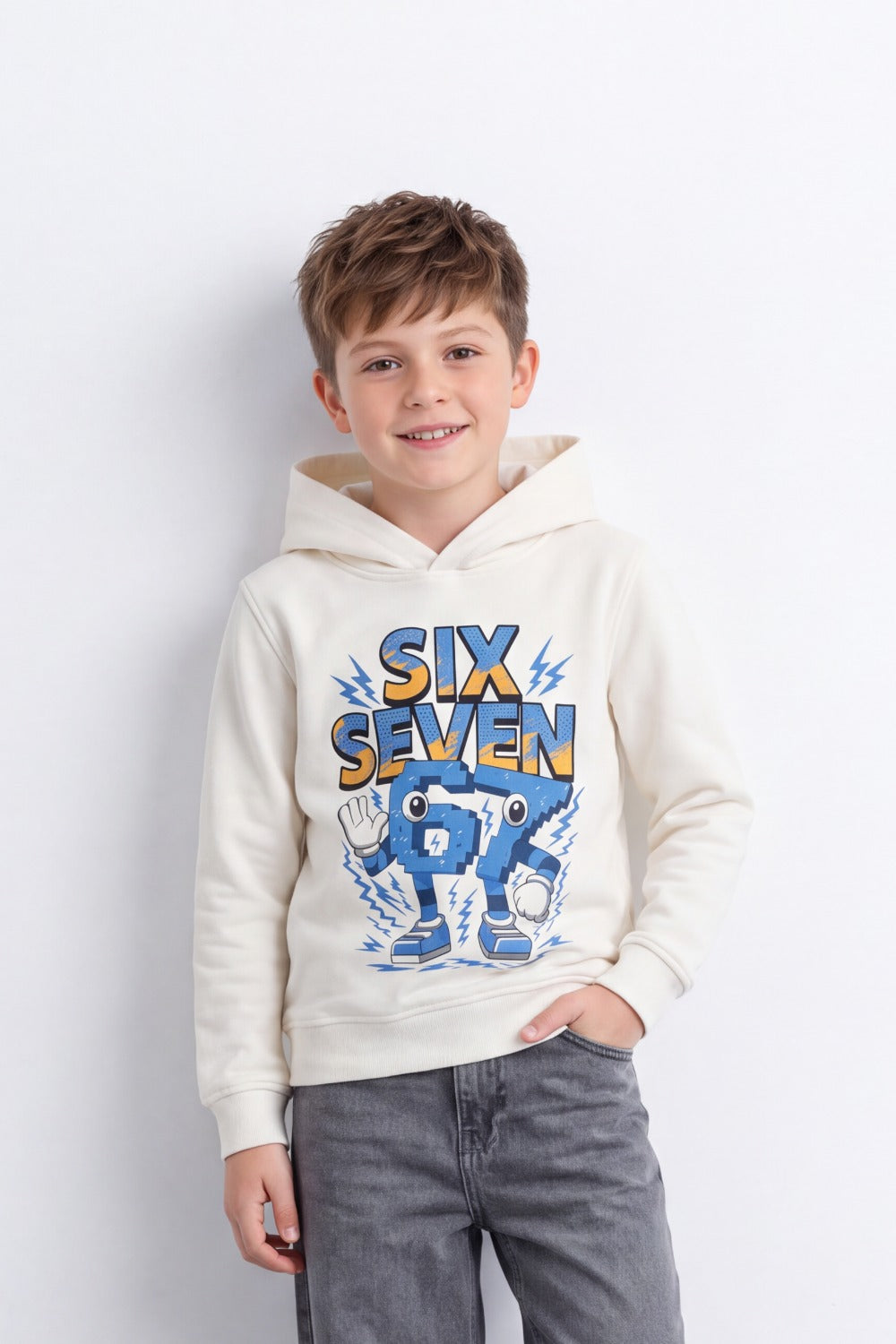 Boy's Tomato Store Sweatshirt Slim Fit Melton Hooded Design Six Seven Robot Front Graphic