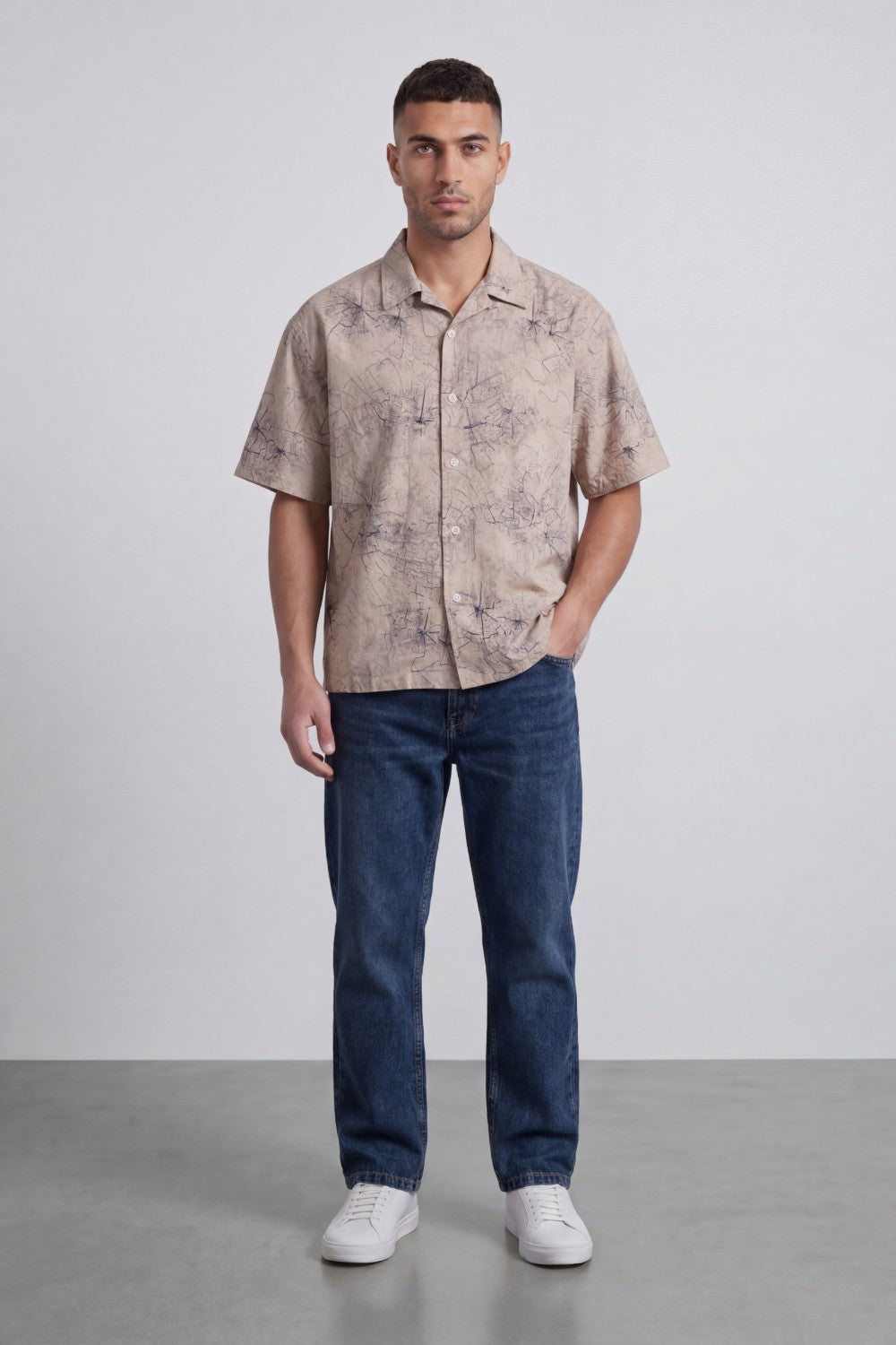 Men’s Tomato Store Abstract Sketch Resort Shirt With Open Collar Button Front Box Fit Allover Scribble Print