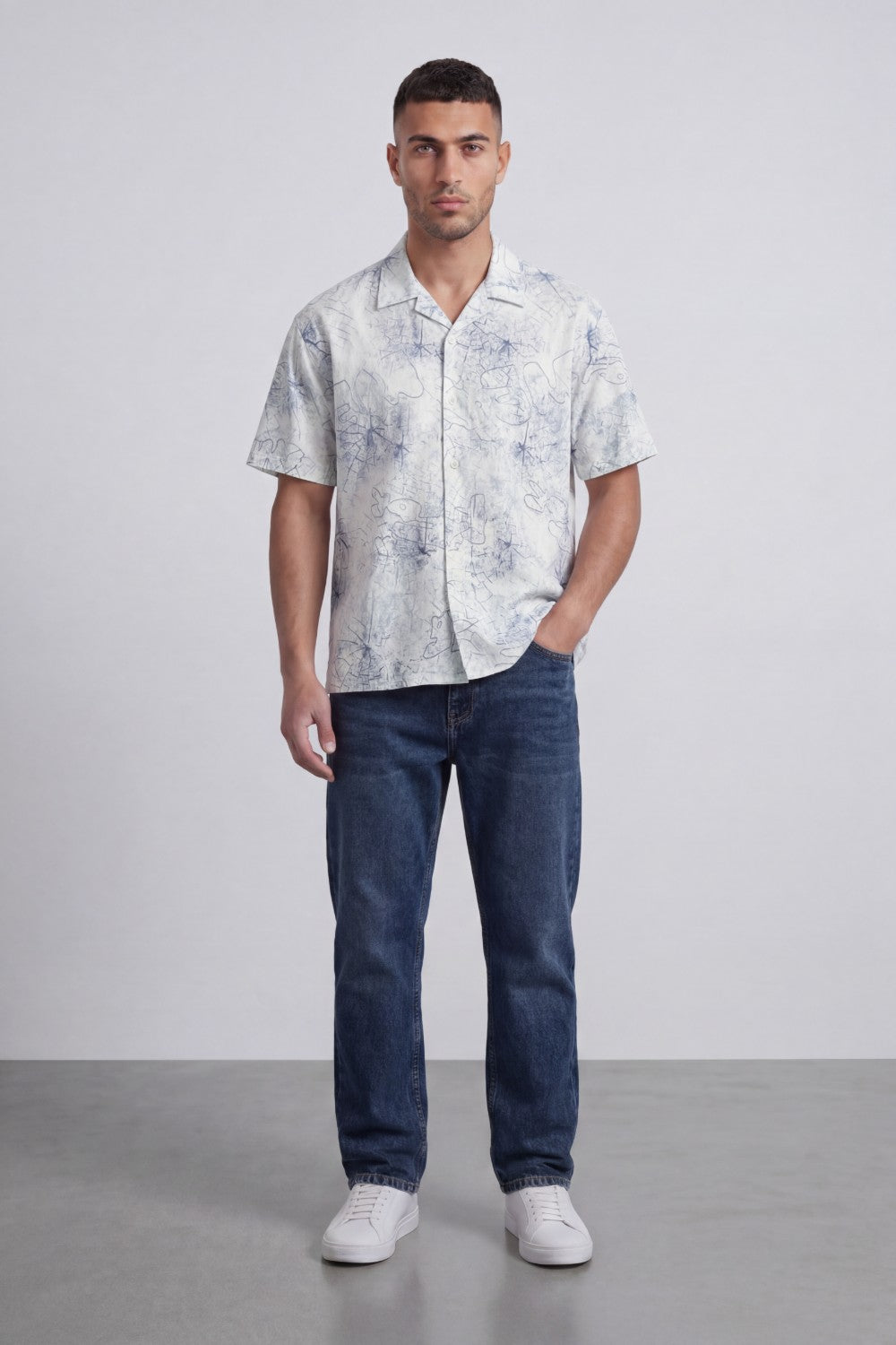 Men’s Tomato Store Abstract Sketch Resort Shirt With Open Collar Button Front Box Fit Allover Scribble Print