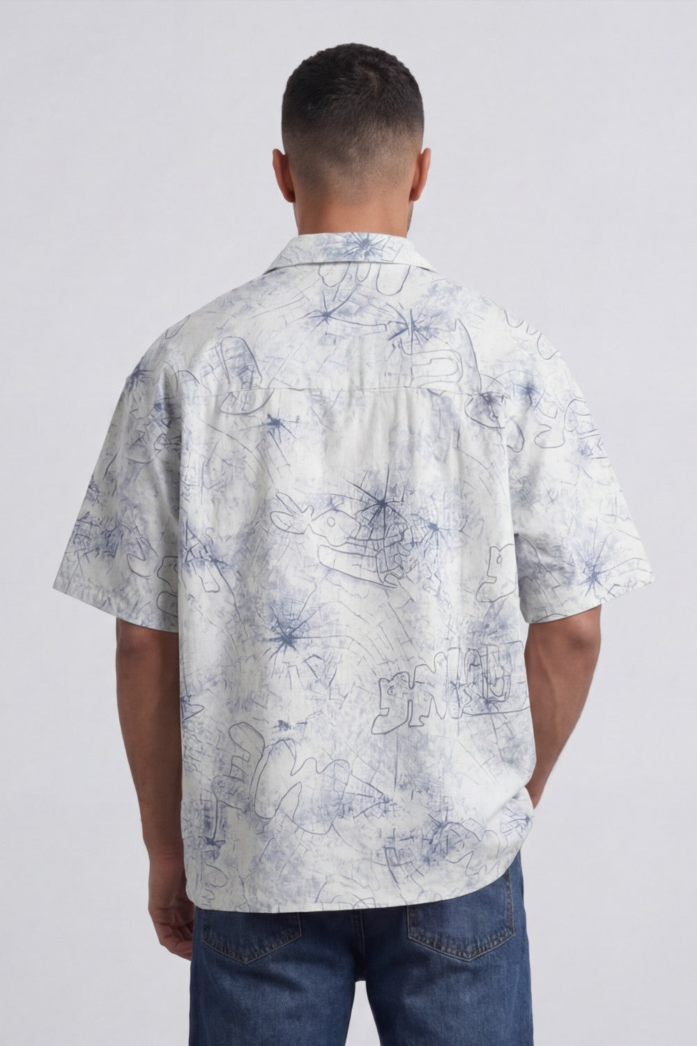 Men’s Tomato Store Abstract Sketch Resort Shirt With Open Collar Button Front Box Fit Allover Scribble Print