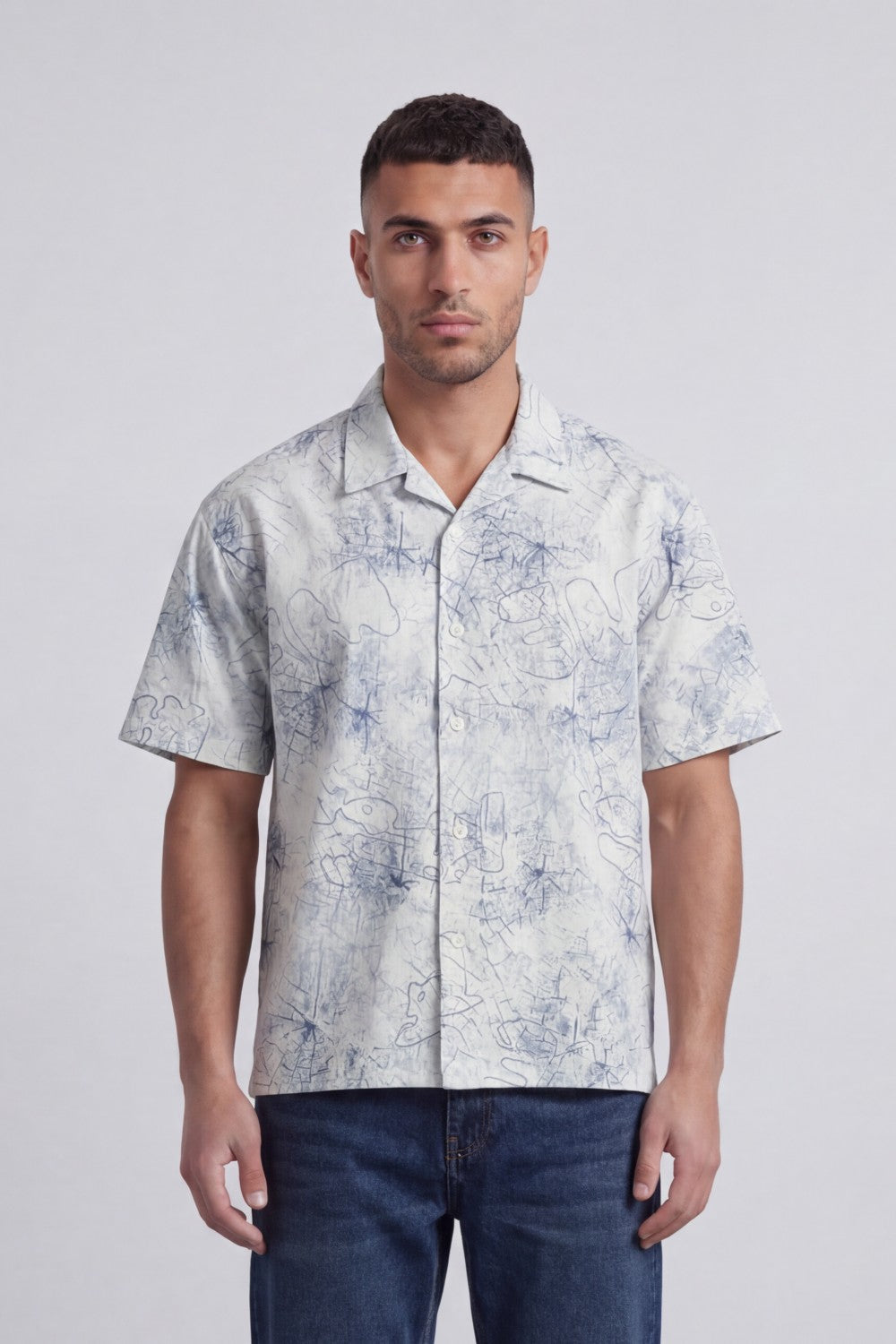 Men’s Tomato Store Abstract Sketch Resort Shirt With Open Collar Button Front Box Fit Allover Scribble Print
