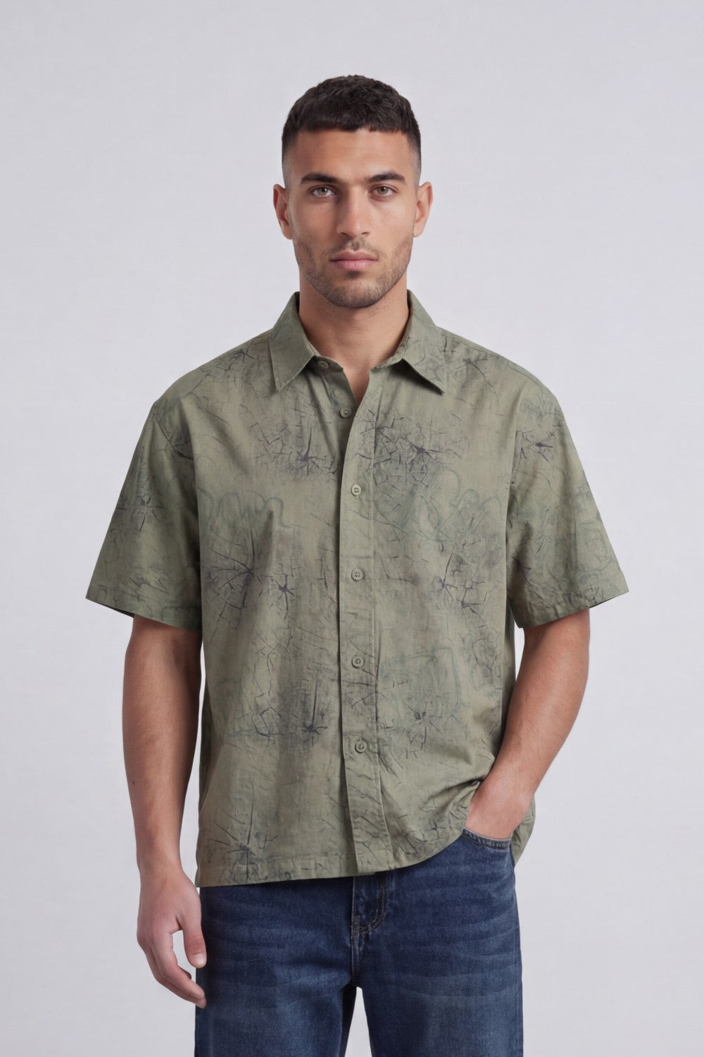 Men’s Tomato Store Abstract Sketch Resort Shirt With Open Collar Button Front Box Fit Allover Scribble Print