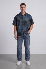 Men’s Tomato Store Grunge Canvas Bowling Shirt Boxy Cut Allover Distressed Artwork