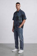 Men’s Tomato Store Grunge Canvas Bowling Shirt Boxy Cut Allover Distressed Artwork