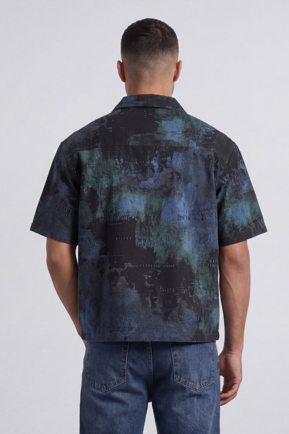Men’s Tomato Store Grunge Canvas Bowling Shirt Boxy Cut Allover Distressed Artwork