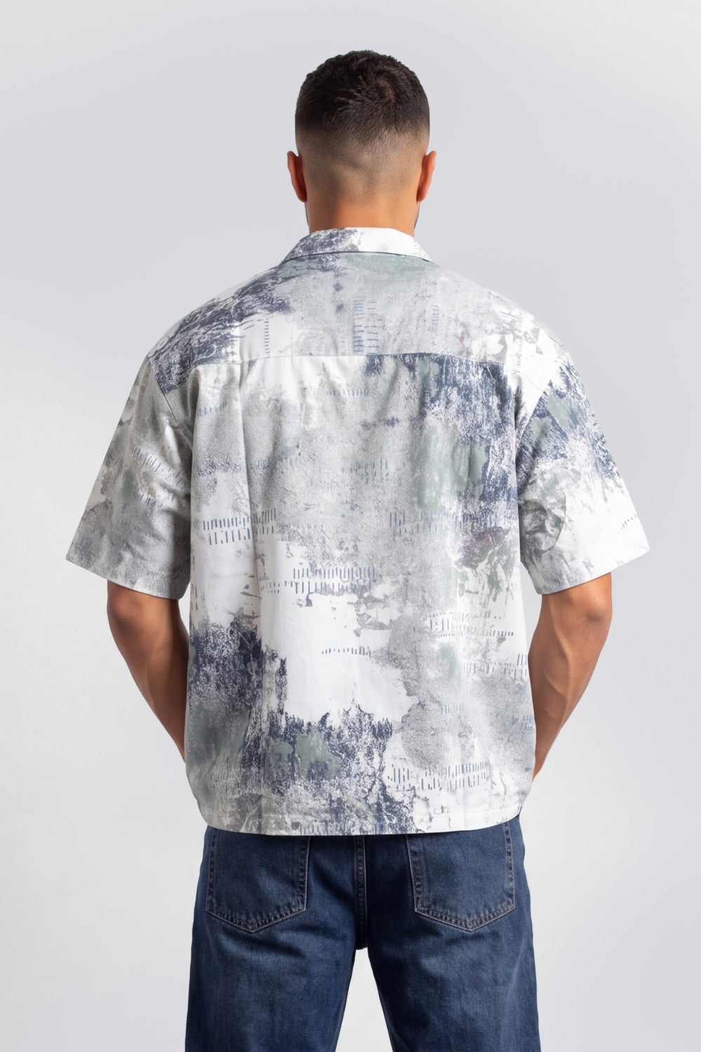 Men’s Tomato Store Grunge Canvas Bowling Shirt Boxy Cut Allover Distressed Artwork