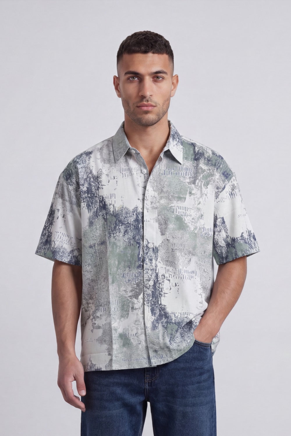 Men’s Tomato Store Grunge Canvas Bowling Shirt Boxy Cut Allover Distressed Artwork