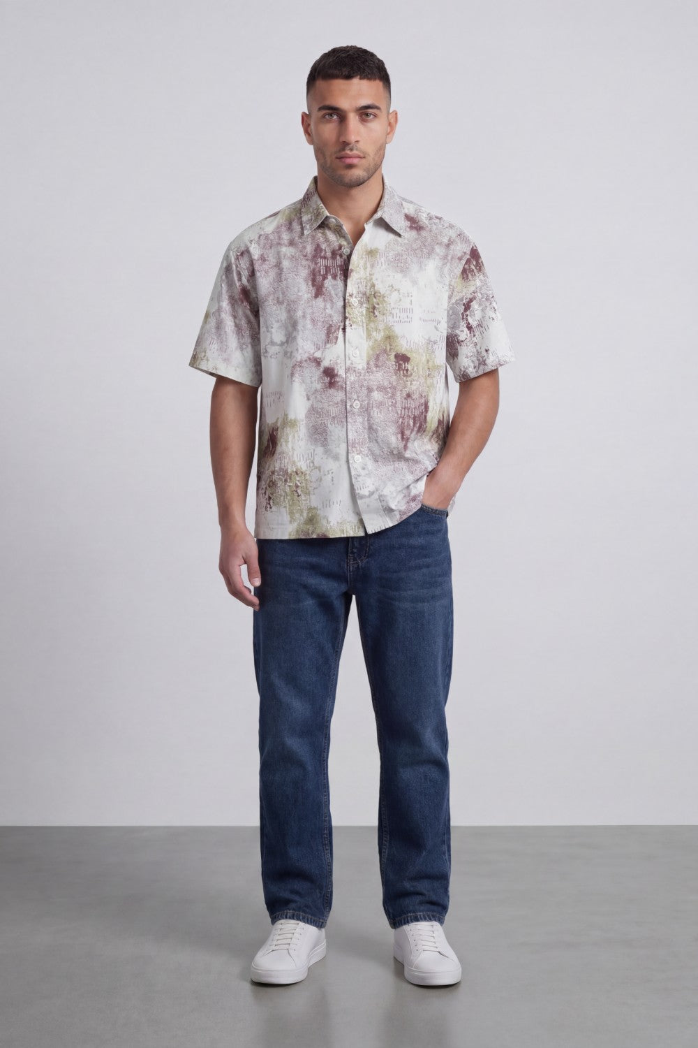Men’s Tomato Store Grunge Canvas Bowling Shirt Boxy Cut Allover Distressed Artwork