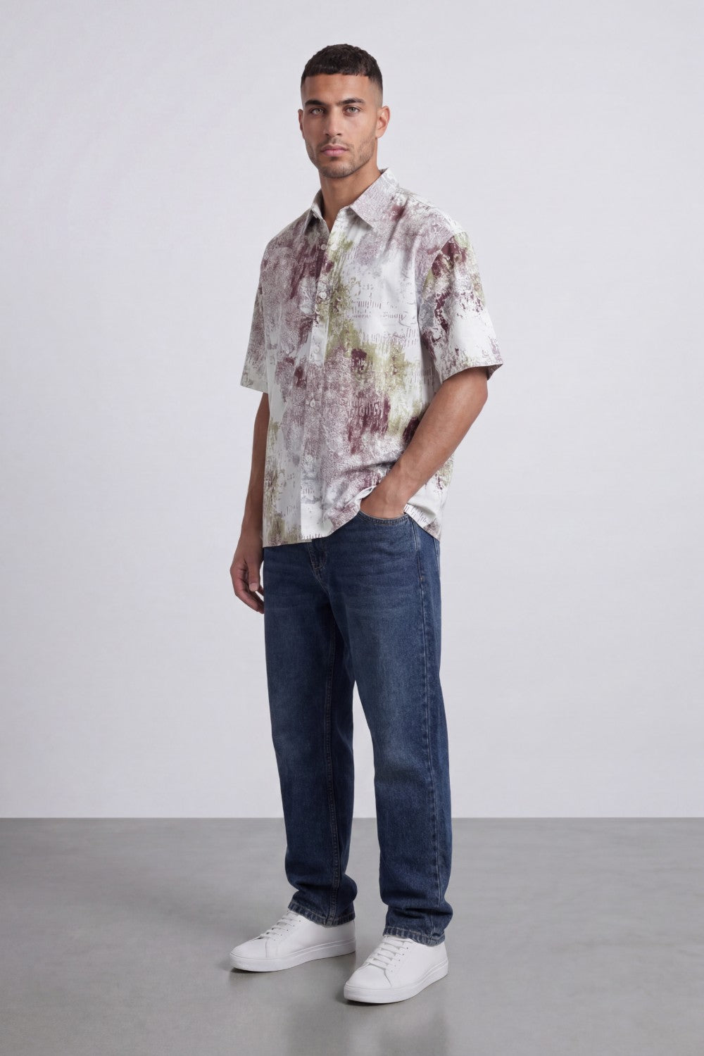 Men’s Tomato Store Grunge Canvas Bowling Shirt Boxy Cut Allover Distressed Artwork
