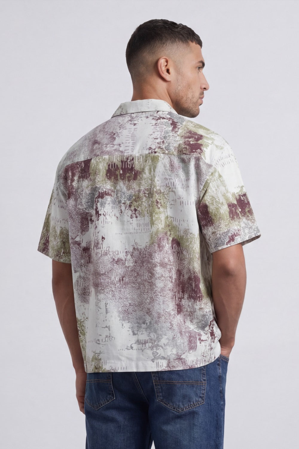 Men’s Tomato Store Grunge Canvas Bowling Shirt Boxy Cut Allover Distressed Artwork
