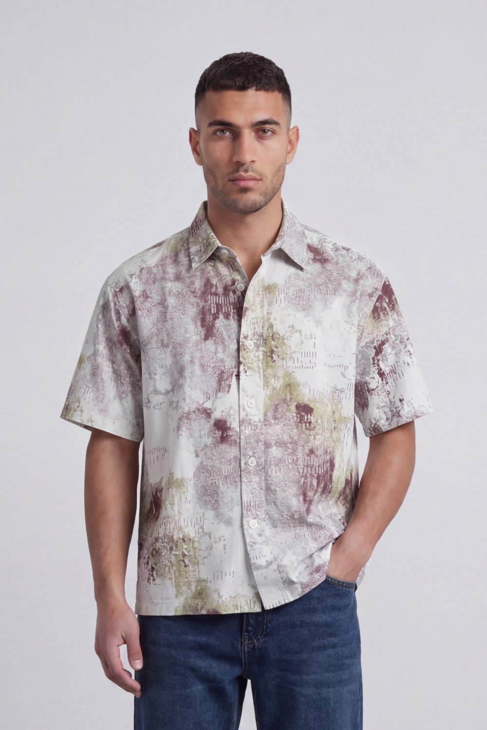 Men’s Tomato Store Grunge Canvas Bowling Shirt Boxy Cut Allover Distressed Artwork