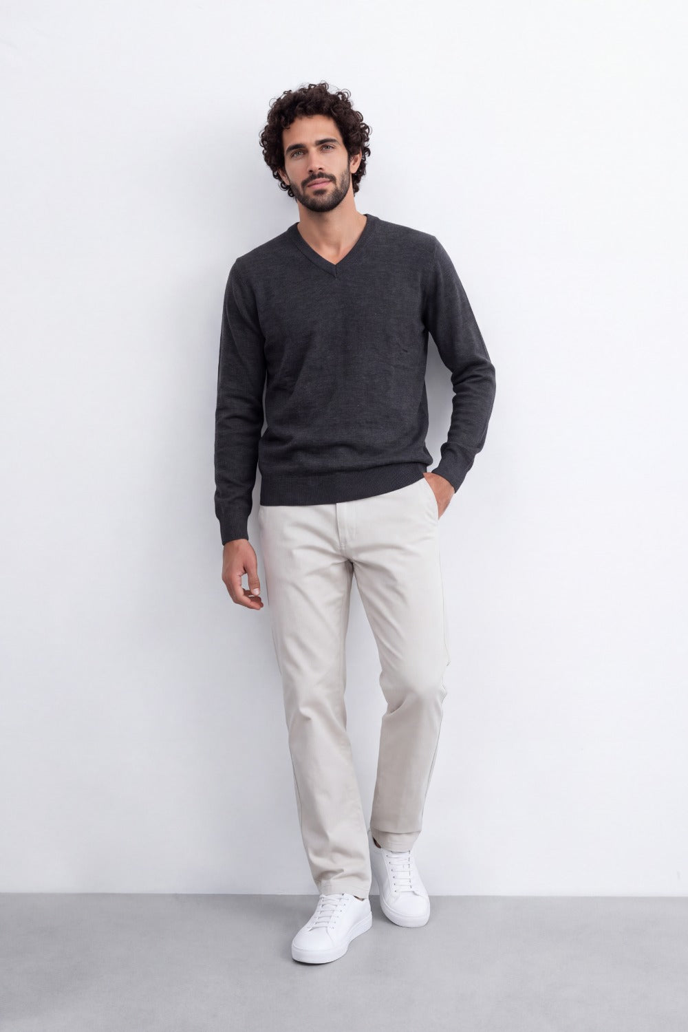 Men's Tomato Store Fine Knit V-Neck Sweater Soft Lightweight Texture Ribbed Cuffs