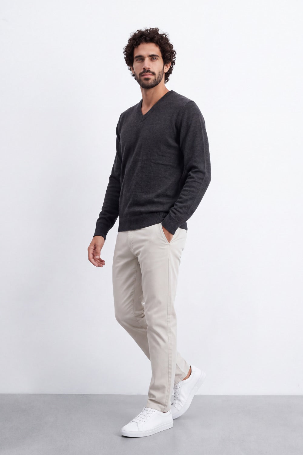 Men's Tomato Store Fine Knit V-Neck Sweater Soft Lightweight Texture Ribbed Cuffs