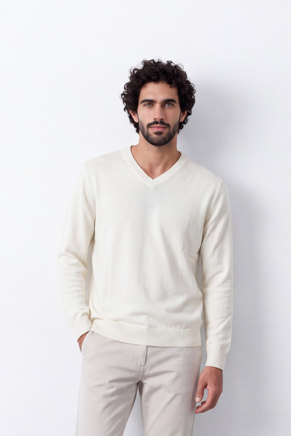 Men's Tomato Store Fine Knit V-Neck Sweater Soft Lightweight Texture Ribbed Cuffs