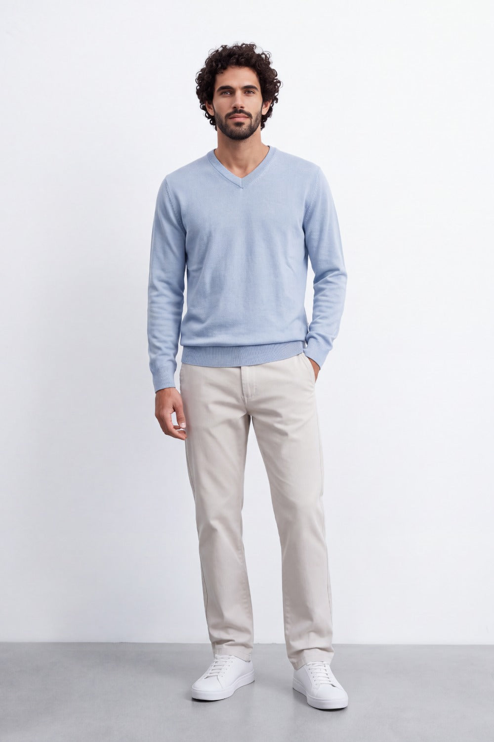 Men's Tomato Store Fine Knit V-Neck Sweater Soft Lightweight Texture Ribbed Cuffs