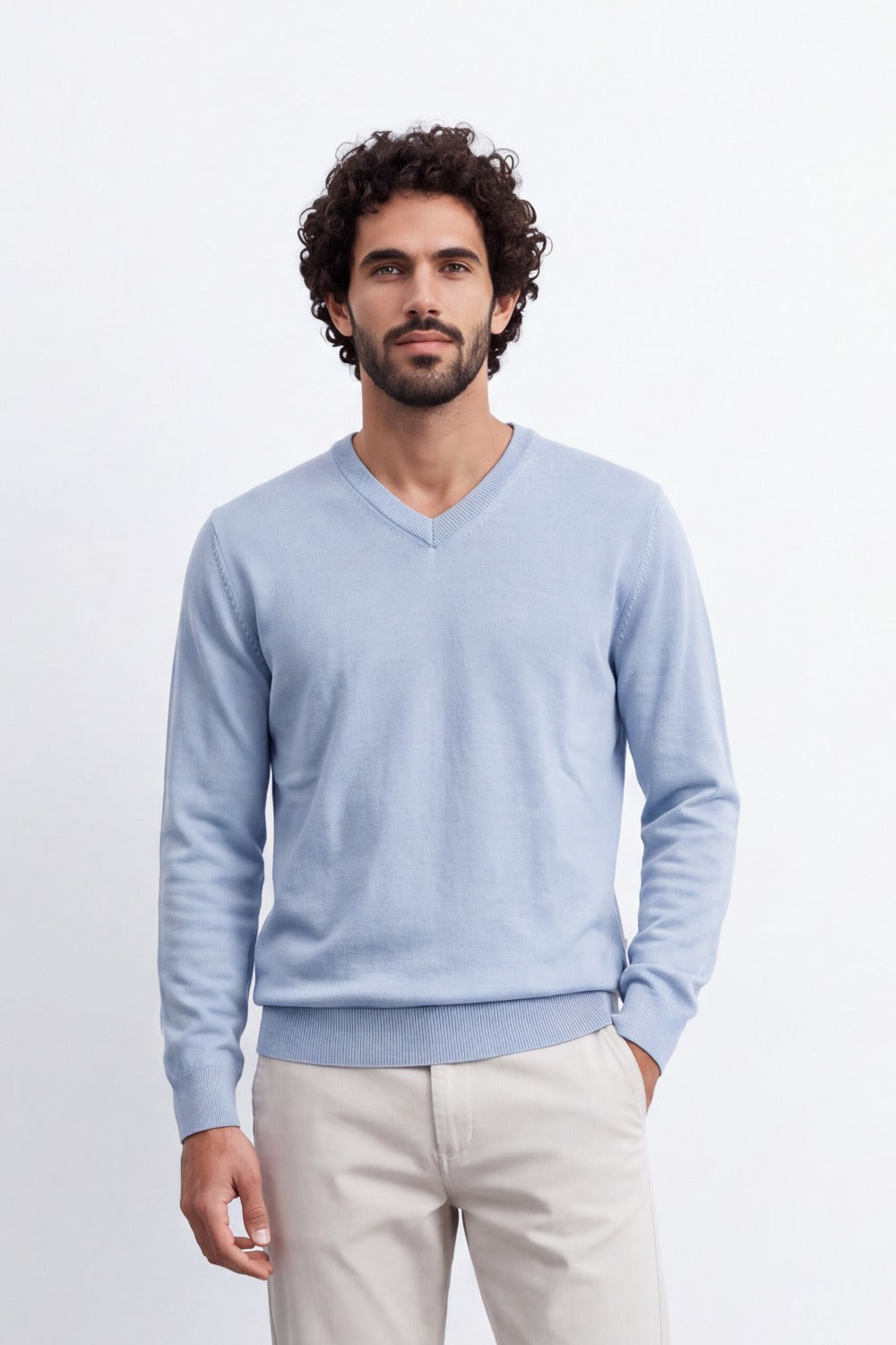 Men's Tomato Store Fine Knit V-Neck Sweater Soft Lightweight Texture Ribbed Cuffs