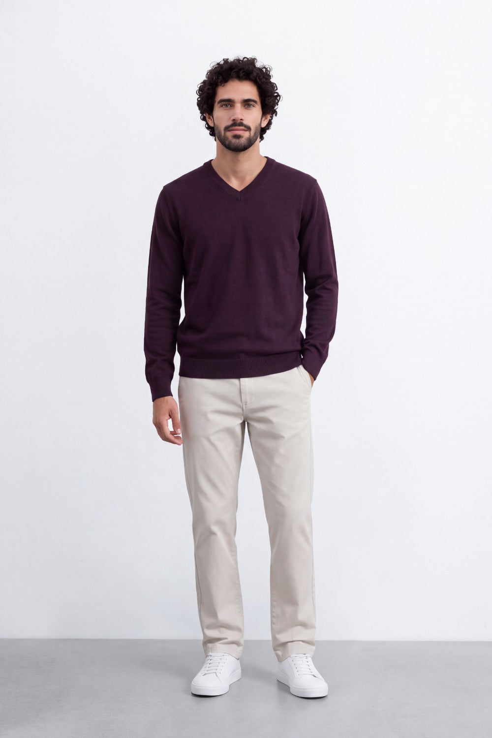 Men's Tomato Store Fine Knit V-Neck Sweater Soft Lightweight Texture Ribbed Cuffs