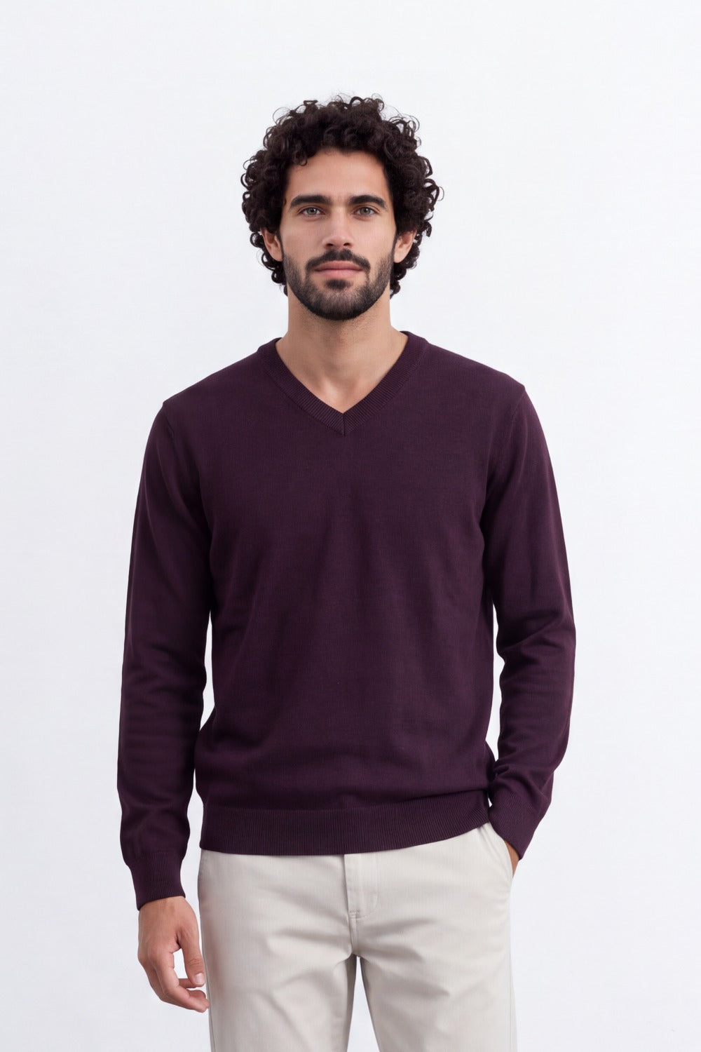 Men's Tomato Store Fine Knit V-Neck Sweater Soft Lightweight Texture Ribbed Cuffs