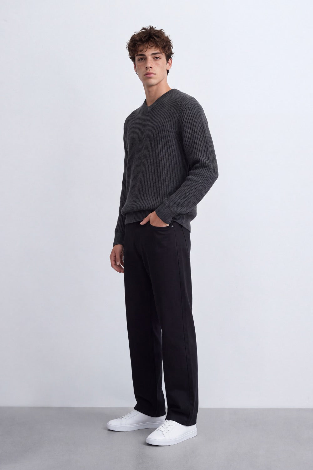 Men's Tomato Store Ribbed Knit Pullover V-Neck Clean Textured Finish