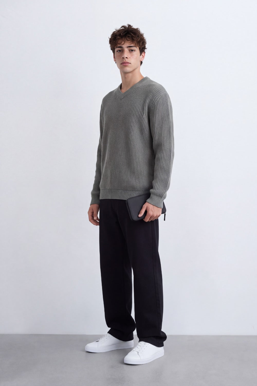 Men's Tomato Store Ribbed Knit Pullover V-Neck Clean Textured Finish