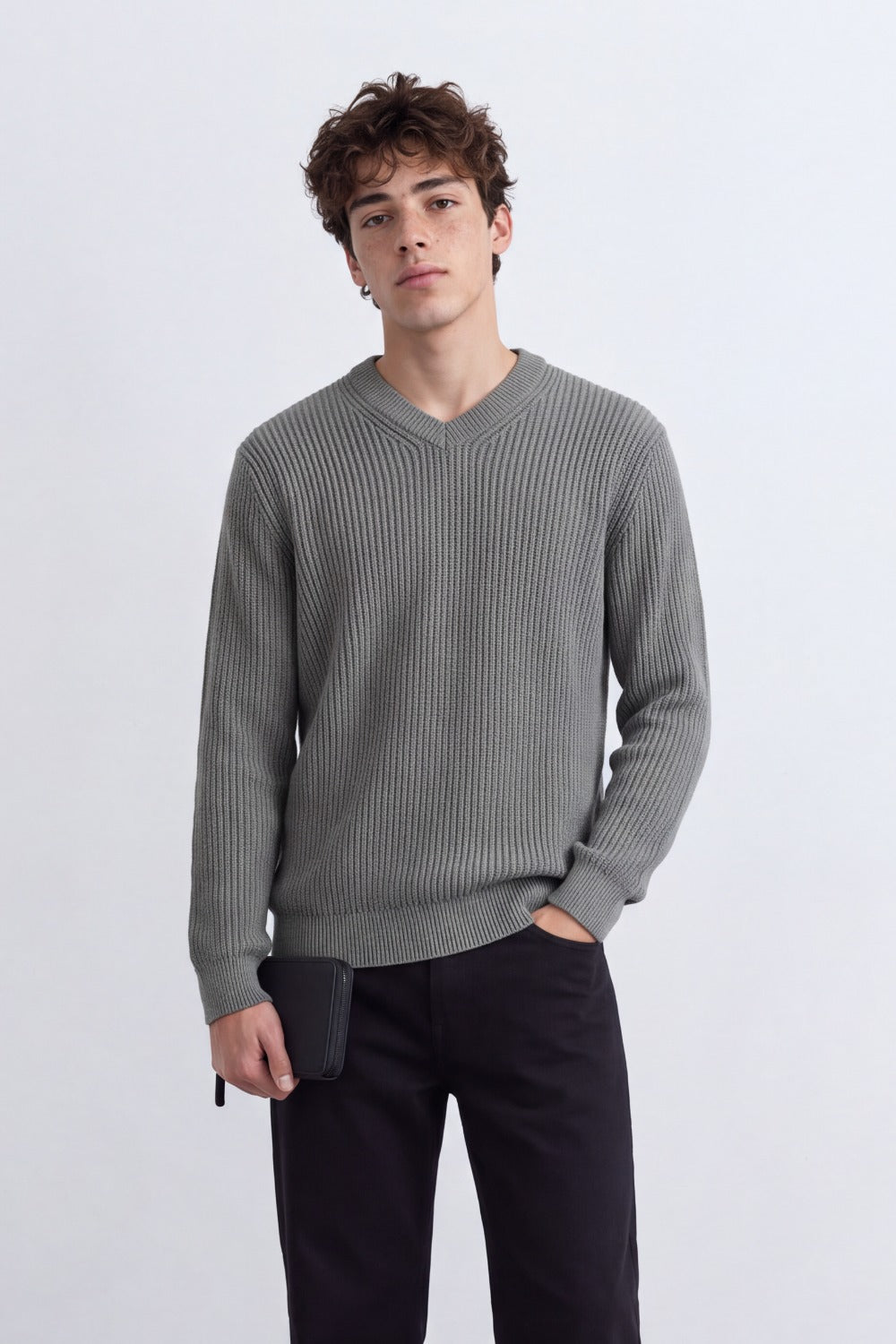 Men's Tomato Store Ribbed Knit Pullover V-Neck Clean Textured Finish