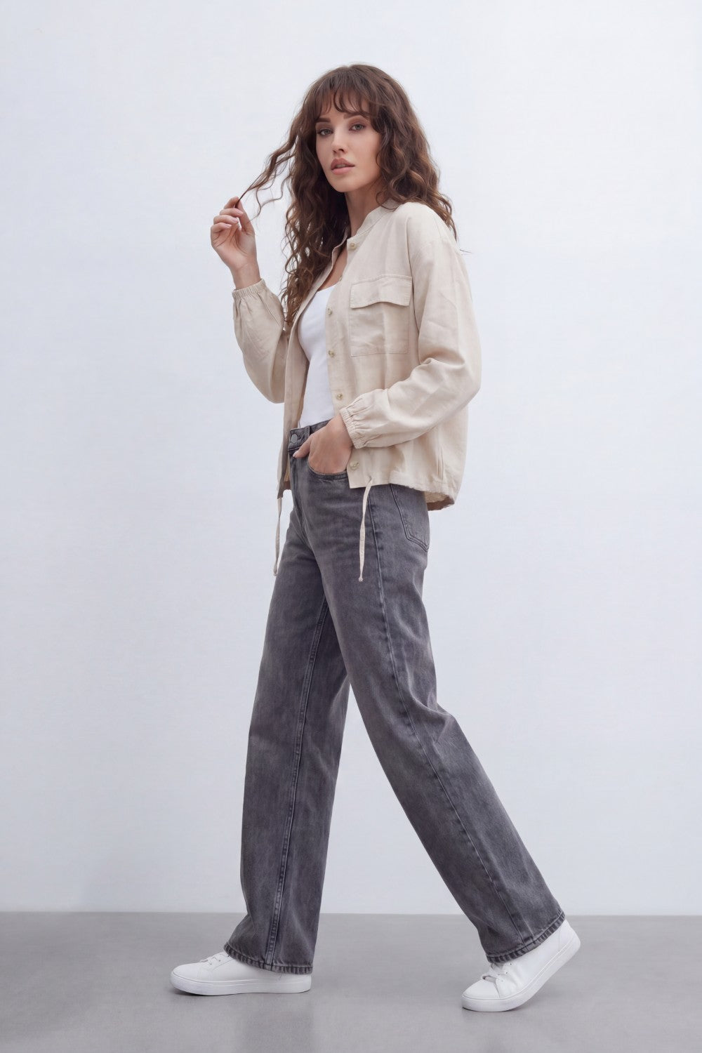 Women’s Tomato Store Soft Utility Jacket With Washed Linen Look Texture Plain Solid Surface Front Button Closure Flap Pocket Detail