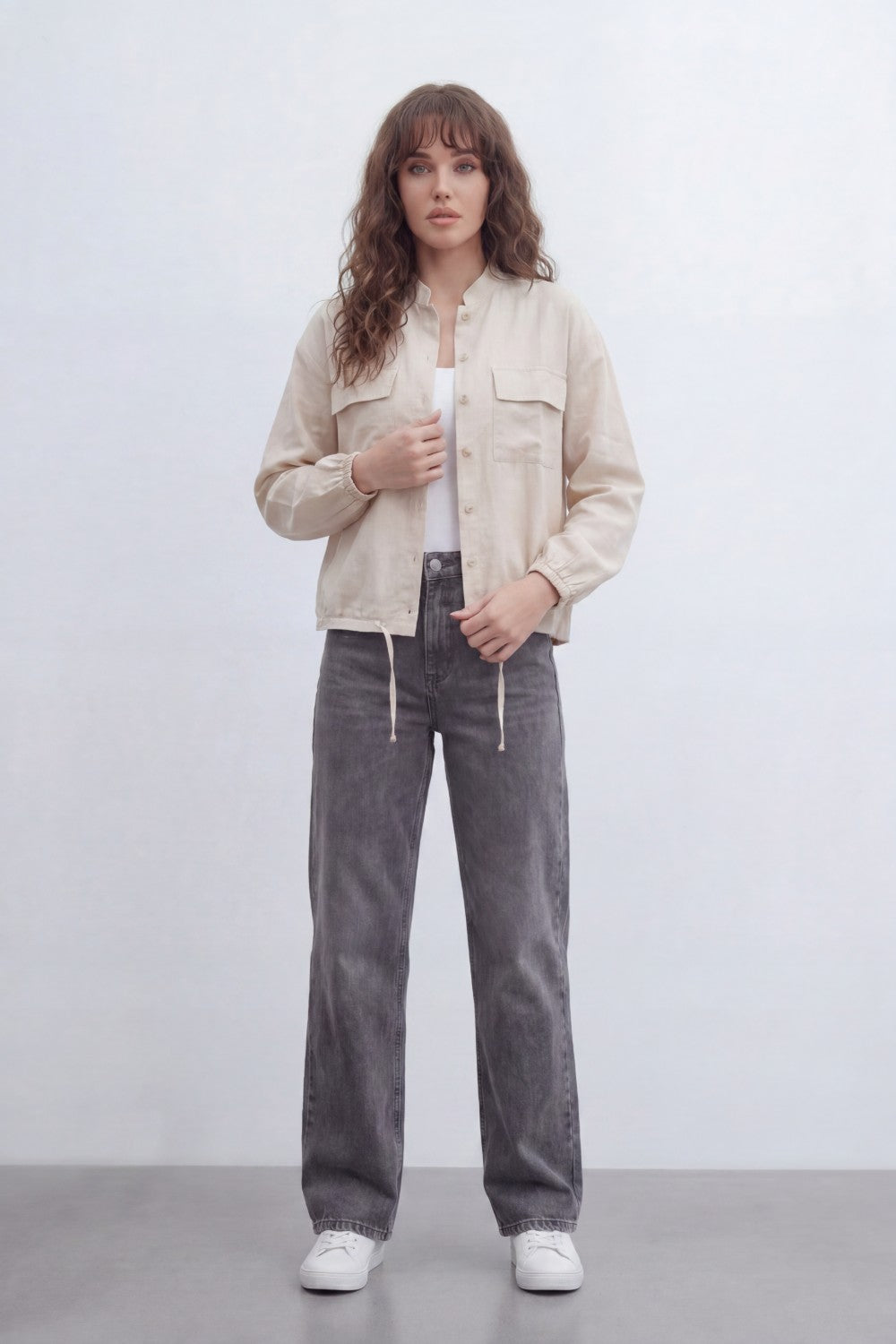 Women’s Tomato Store Soft Utility Jacket With Washed Linen Look Texture Plain Solid Surface Front Button Closure Flap Pocket Detail