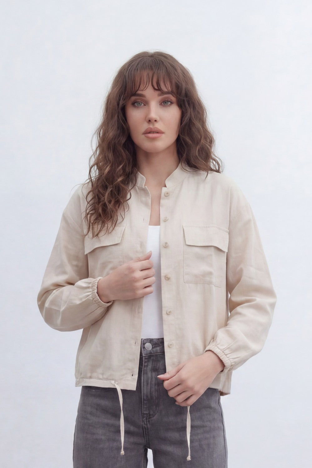 Women’s Tomato Store Soft Utility Jacket With Washed Linen Look Texture Plain Solid Surface Front Button Closure Flap Pocket Detail