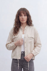 Women’s Tomato Store Soft Utility Jacket With Washed Linen Look Texture Plain Solid Surface Front Button Closure Flap Pocket Detail