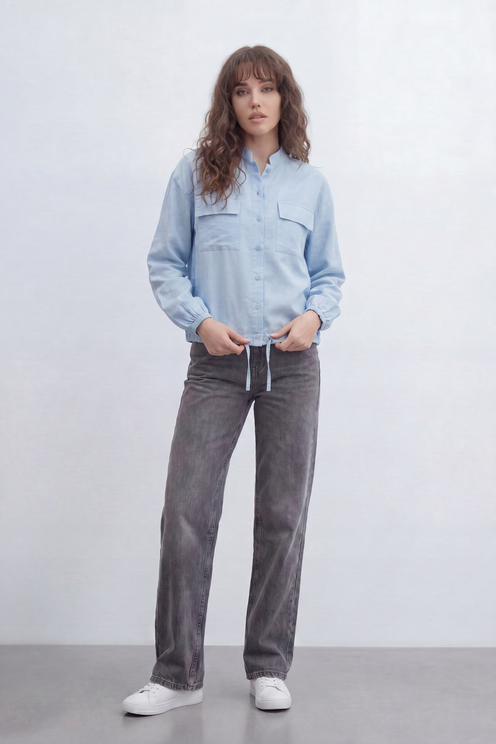 Women’s Tomato Store Soft Utility Jacket With Washed Linen Look Texture Plain Solid Surface Front Button Closure Flap Pocket Detail