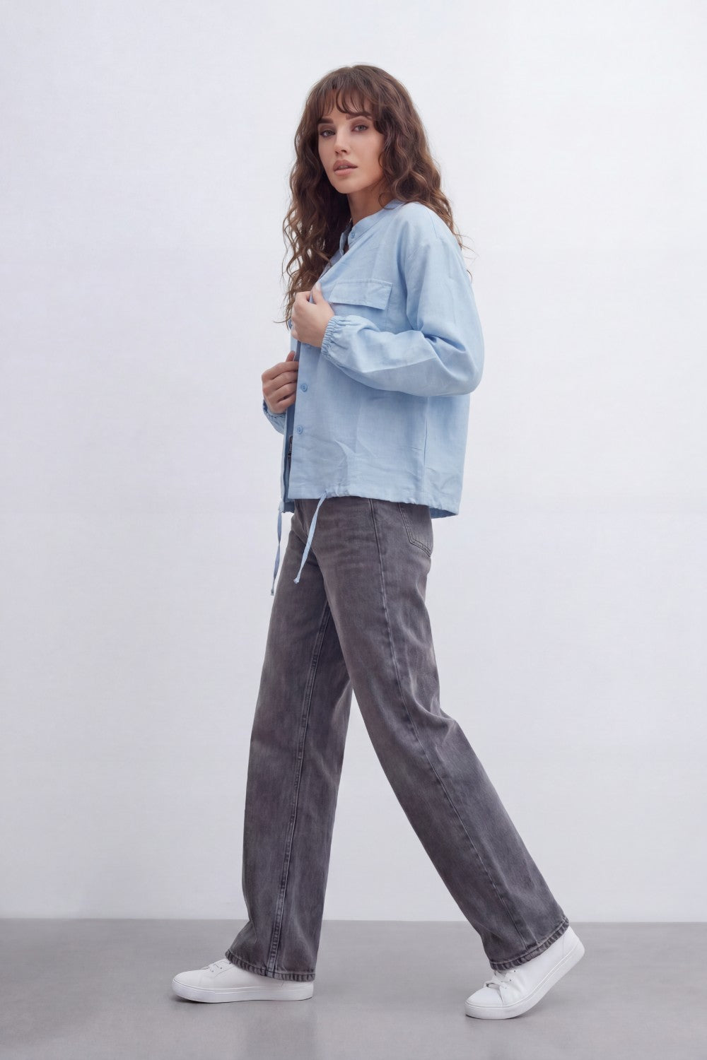 Women’s Tomato Store Soft Utility Jacket With Washed Linen Look Texture Plain Solid Surface Front Button Closure Flap Pocket Detail