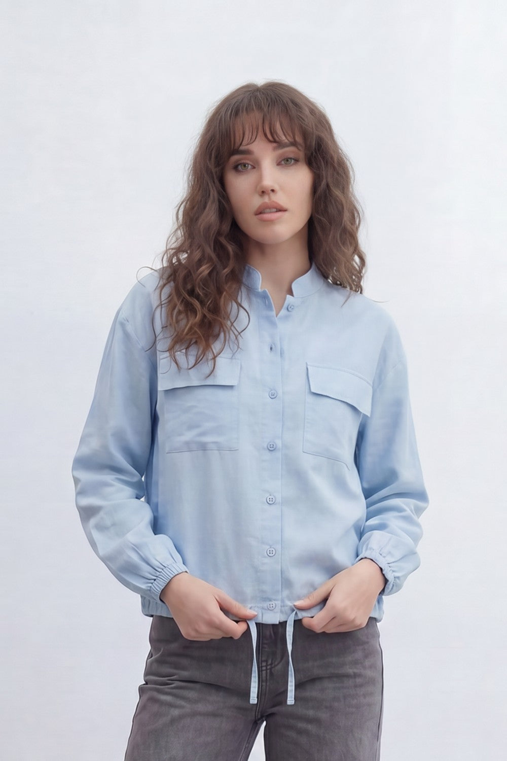 Women’s Tomato Store Soft Utility Jacket With Washed Linen Look Texture Plain Solid Surface Front Button Closure Flap Pocket Detail