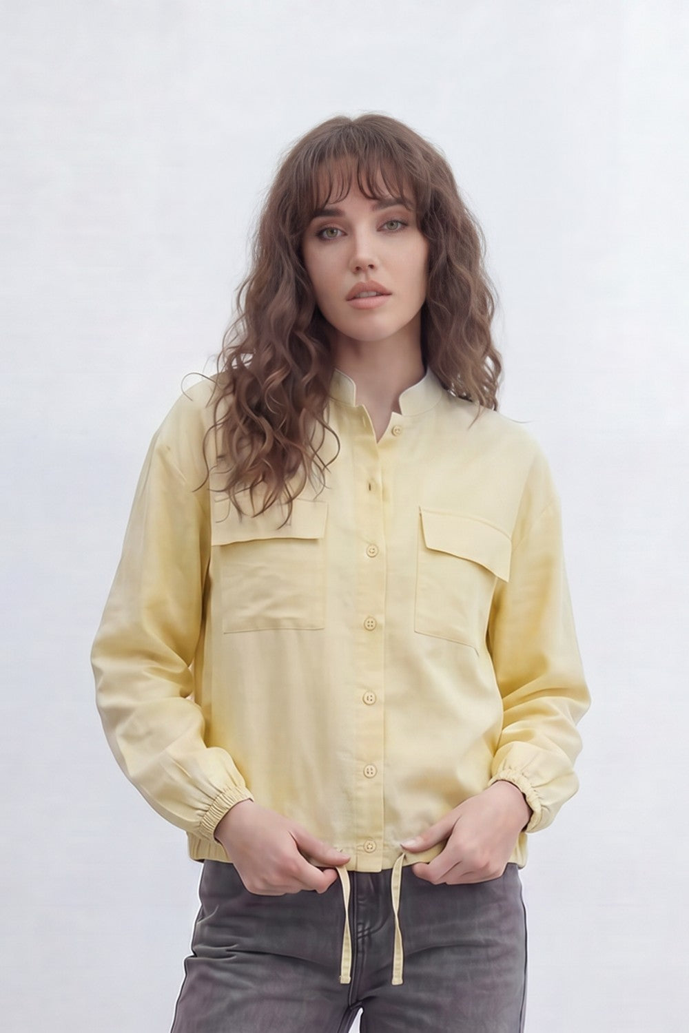 Women’s Tomato Store Soft Utility Jacket With Washed Linen Look Texture Plain Solid Surface Front Button Closure Flap Pocket Detail