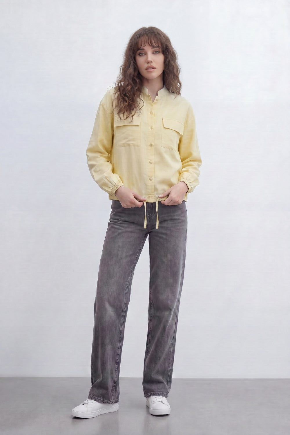 Women’s Tomato Store Soft Utility Jacket With Washed Linen Look Texture Plain Solid Surface Front Button Closure Flap Pocket Detail