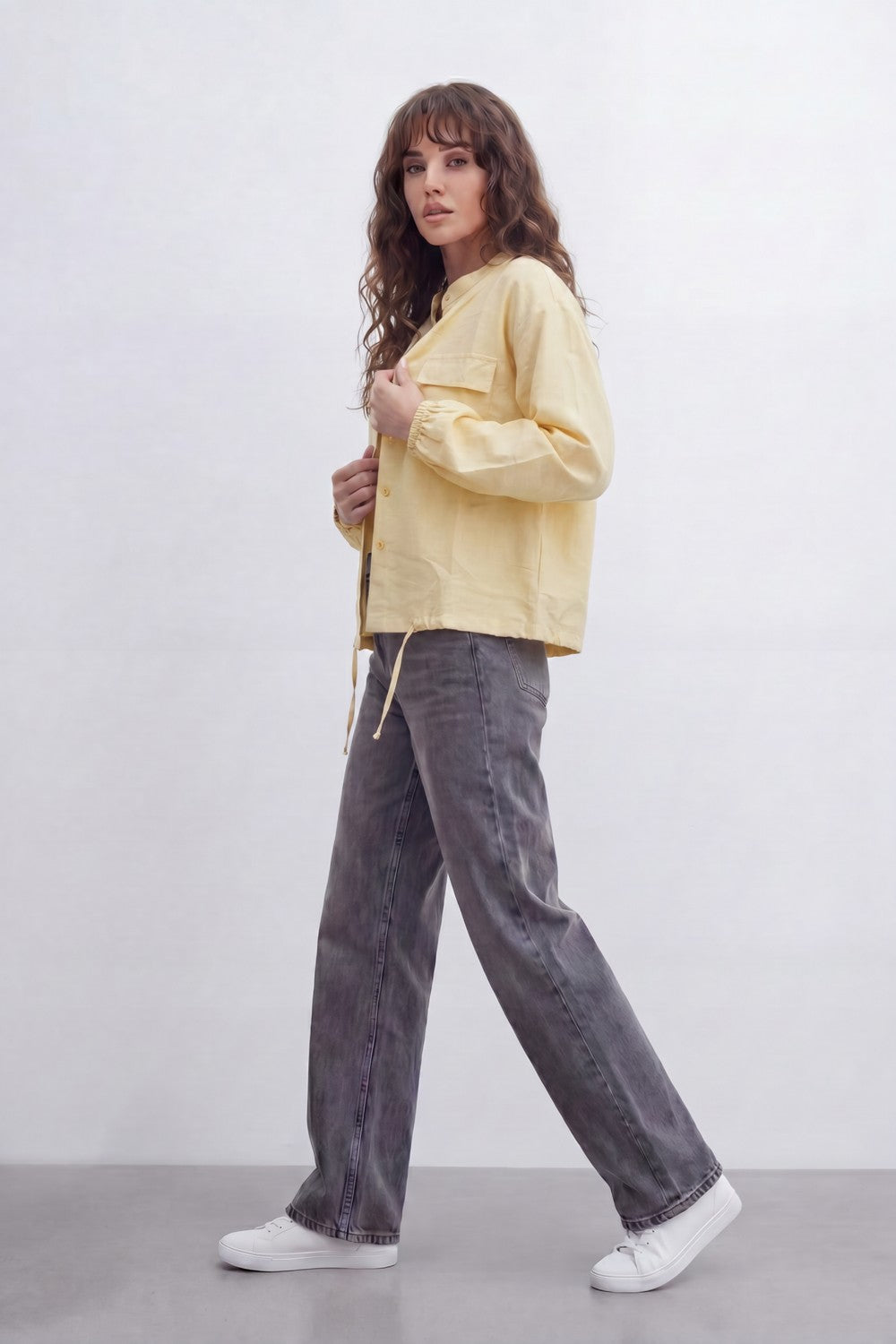 Women’s Tomato Store Soft Utility Jacket With Washed Linen Look Texture Plain Solid Surface Front Button Closure Flap Pocket Detail