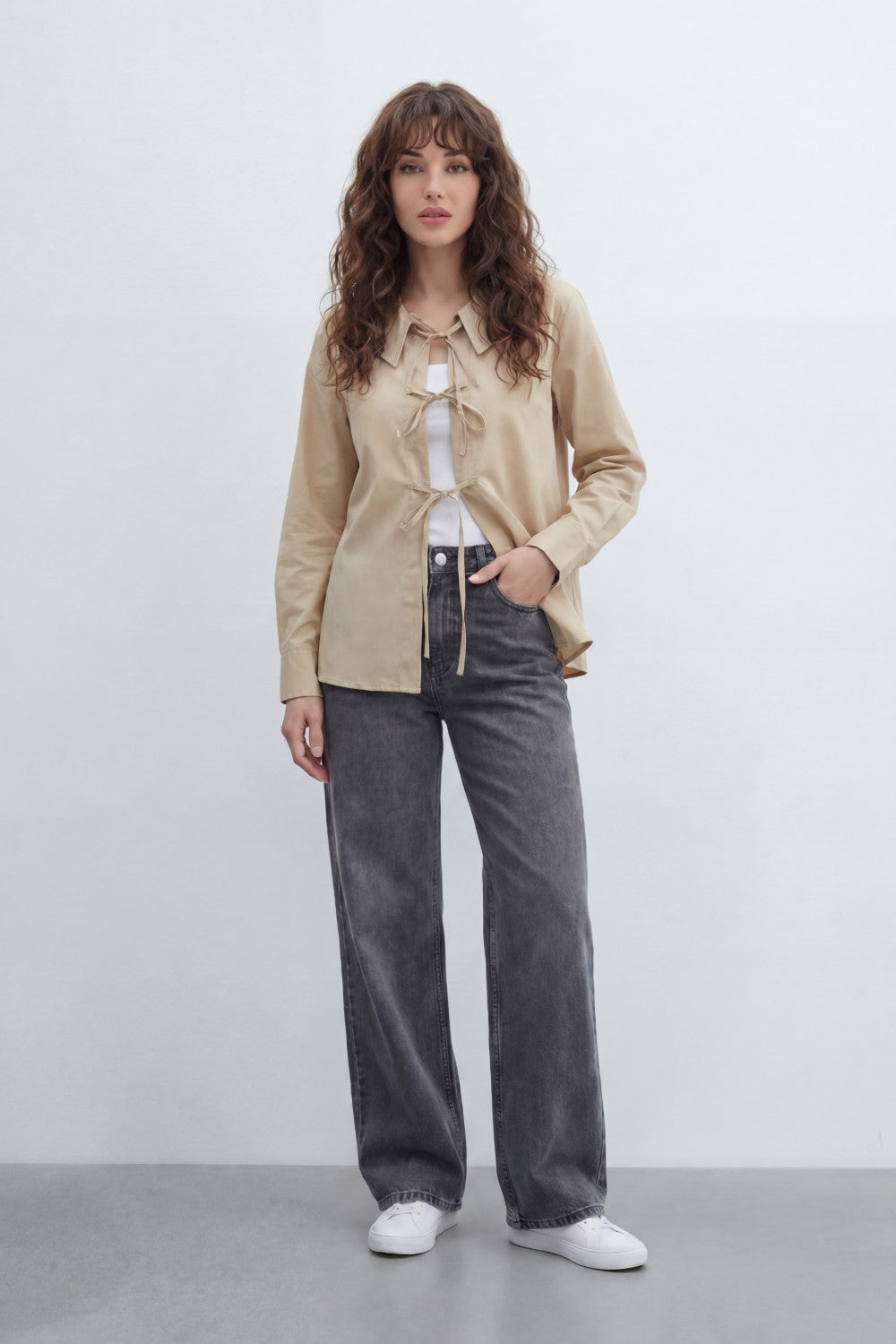 Women’s Tomato Store Tie Front Blouse With Smooth Woven Texture Plain Solid Surface Front Bow Tie Fastenings