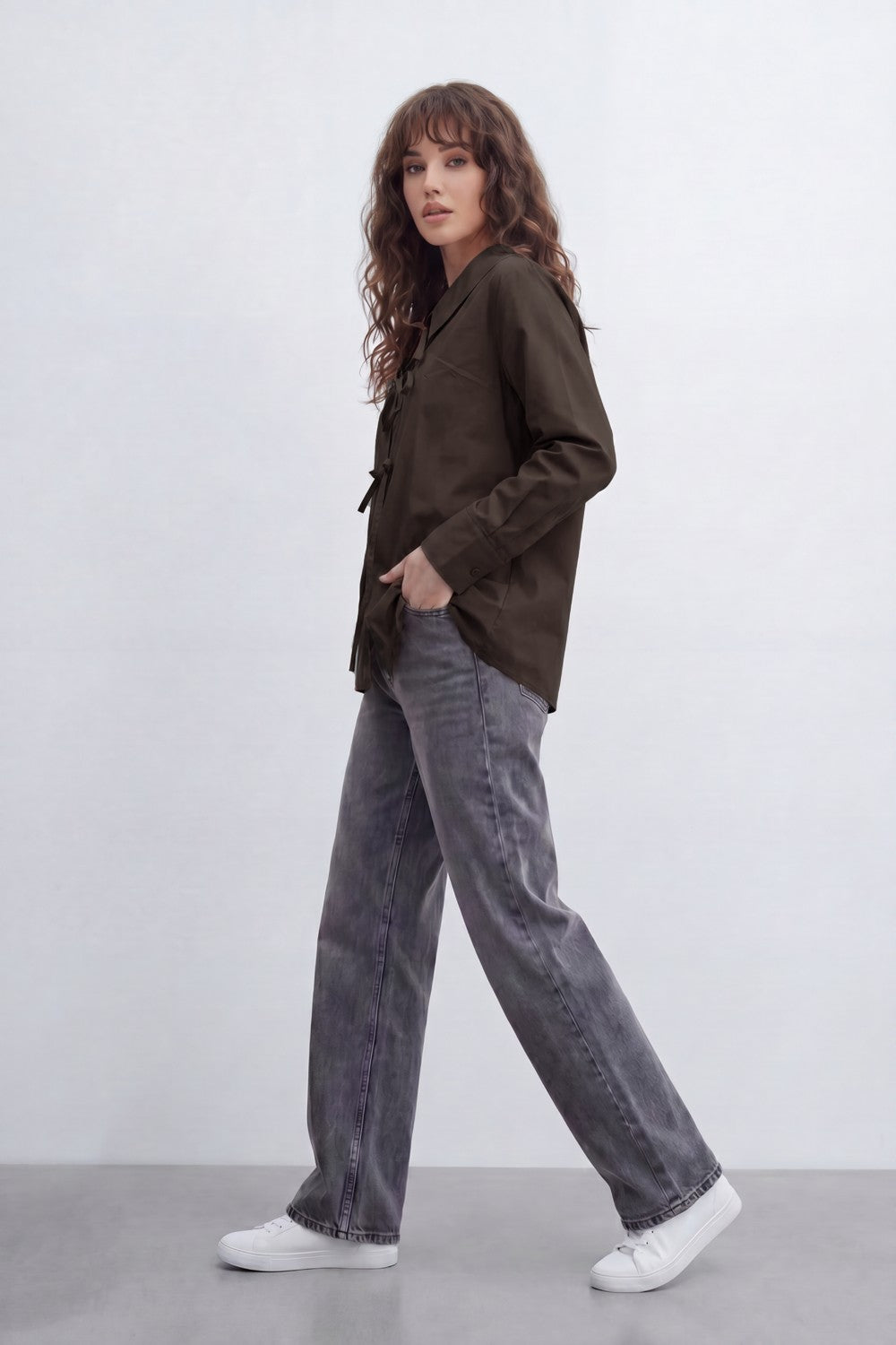Women’s Tomato Store Tie Front Blouse With Smooth Woven Texture Plain Solid Surface Front Bow Tie Fastenings