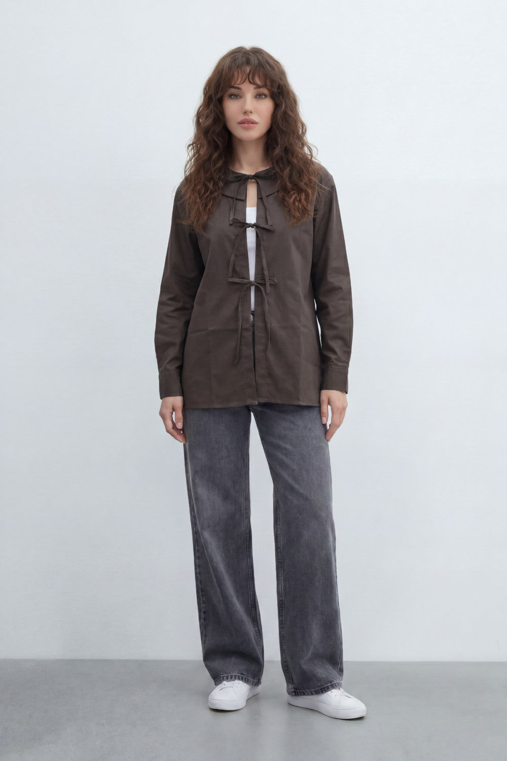 Women’s Tomato Store Tie Front Blouse With Smooth Woven Texture Plain Solid Surface Front Bow Tie Fastenings