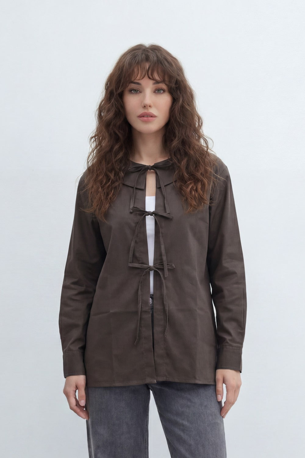 Women’s Tomato Store Tie Front Blouse With Smooth Woven Texture Plain Solid Surface Front Bow Tie Fastenings
