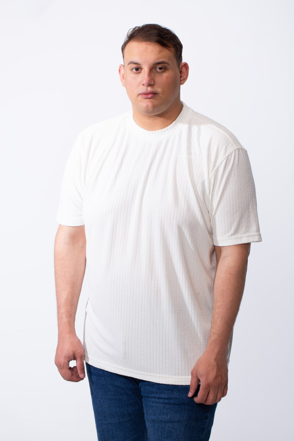 Men's Big Size Tomato Store Short Sleeve T-Shirt Classic Ribbed Crew Neckline Breathable Fabric Textured Pattern