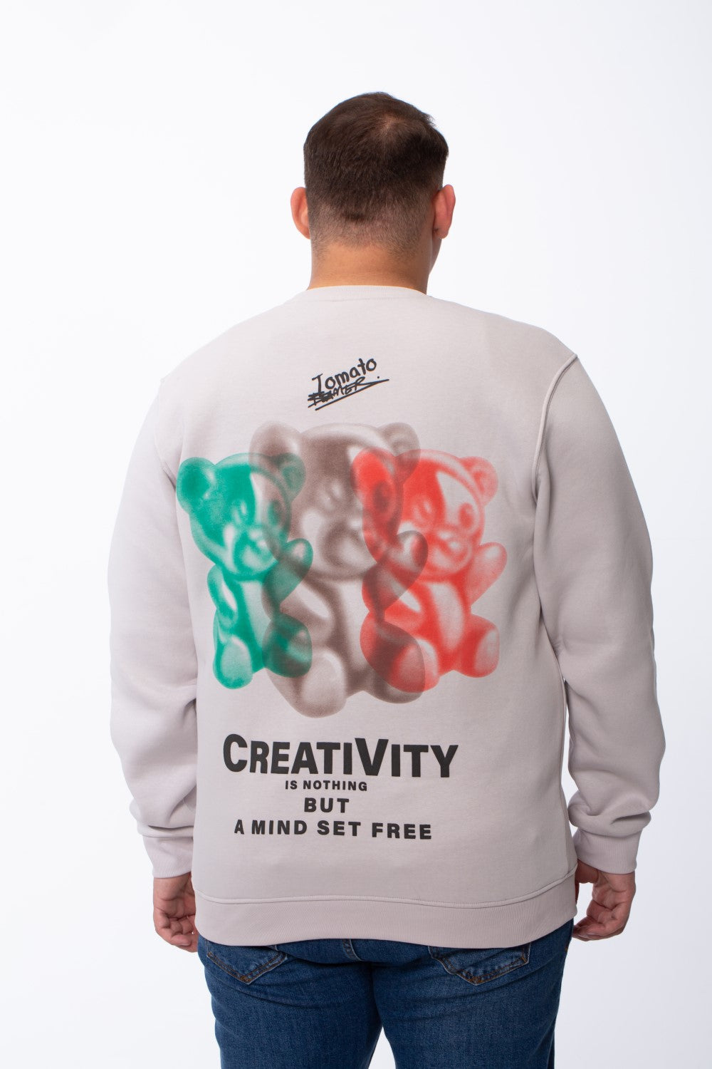 Men's Big Size Tomato Store Crewneck Bear Graphic Back Print Melton Fabric Long Sleeves Comfort Tailored Sweatshirt