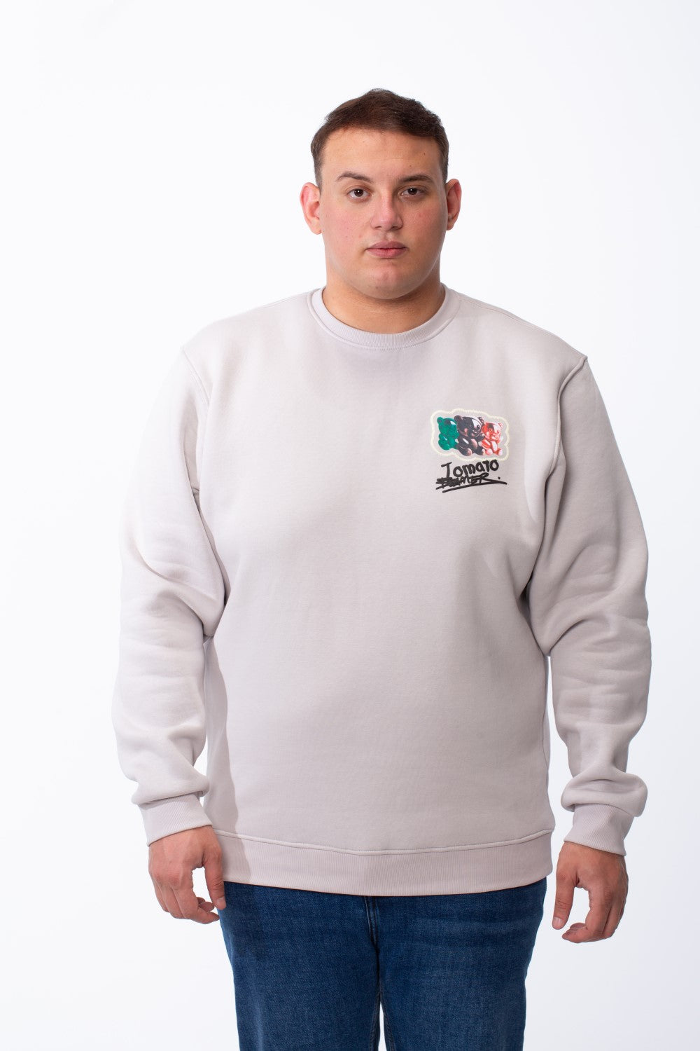 Men's Big Size Tomato Store Crewneck Bear Graphic Back Print Melton Fabric Long Sleeves Comfort Tailored Sweatshirt