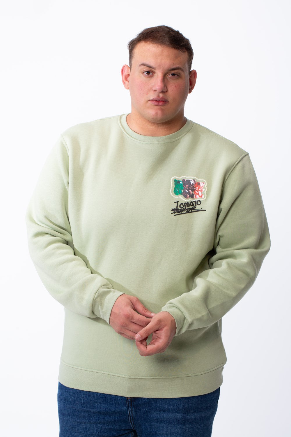 Men's Big Size Tomato Store Crewneck Bear Graphic Back Print Melton Fabric Long Sleeves Comfort Tailored Sweatshirt