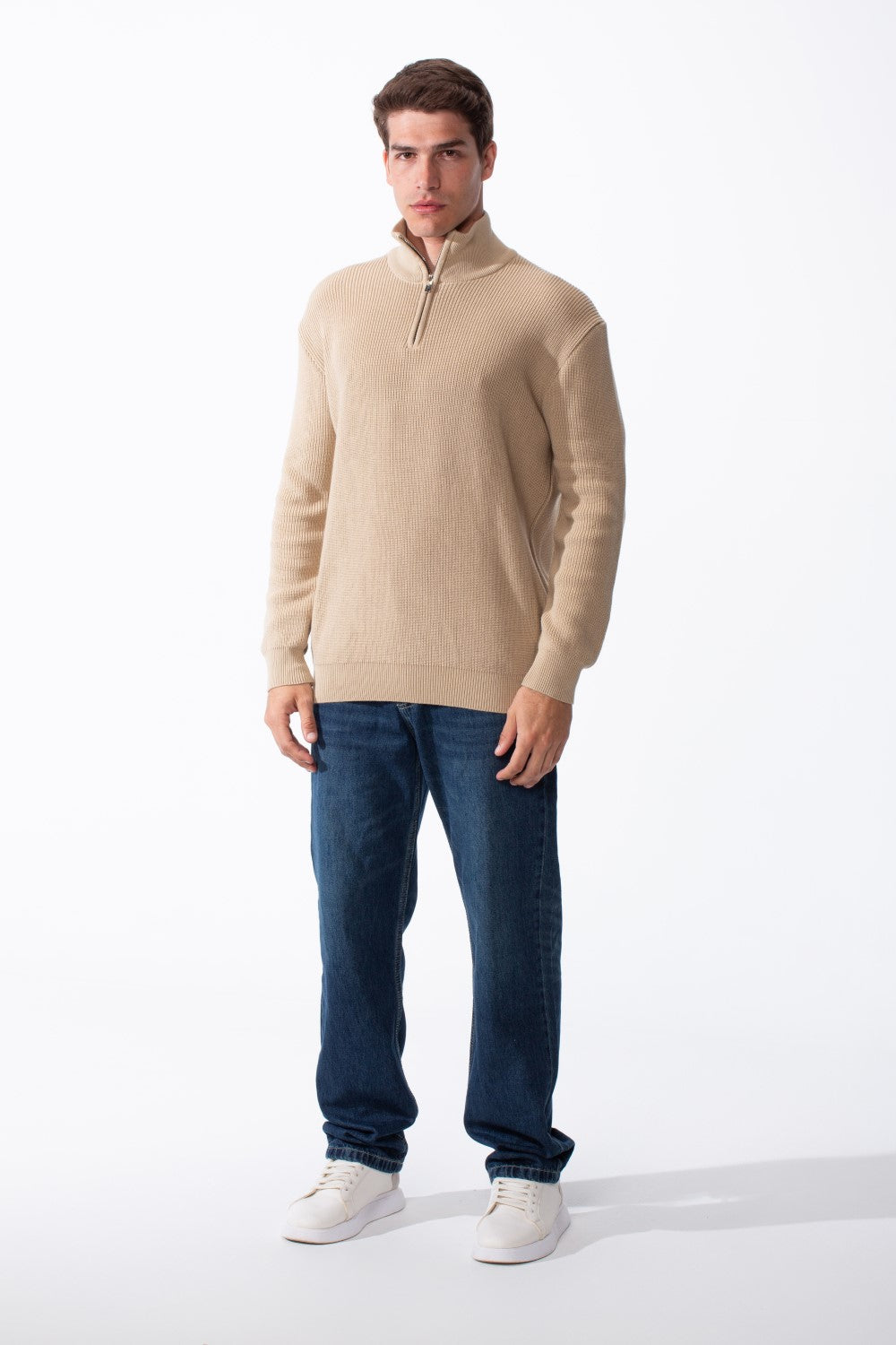 Men's High Neck Half Zip Long Sleeves With Textured Ribbed Knit Fabric Practical Slim Fit Pullover